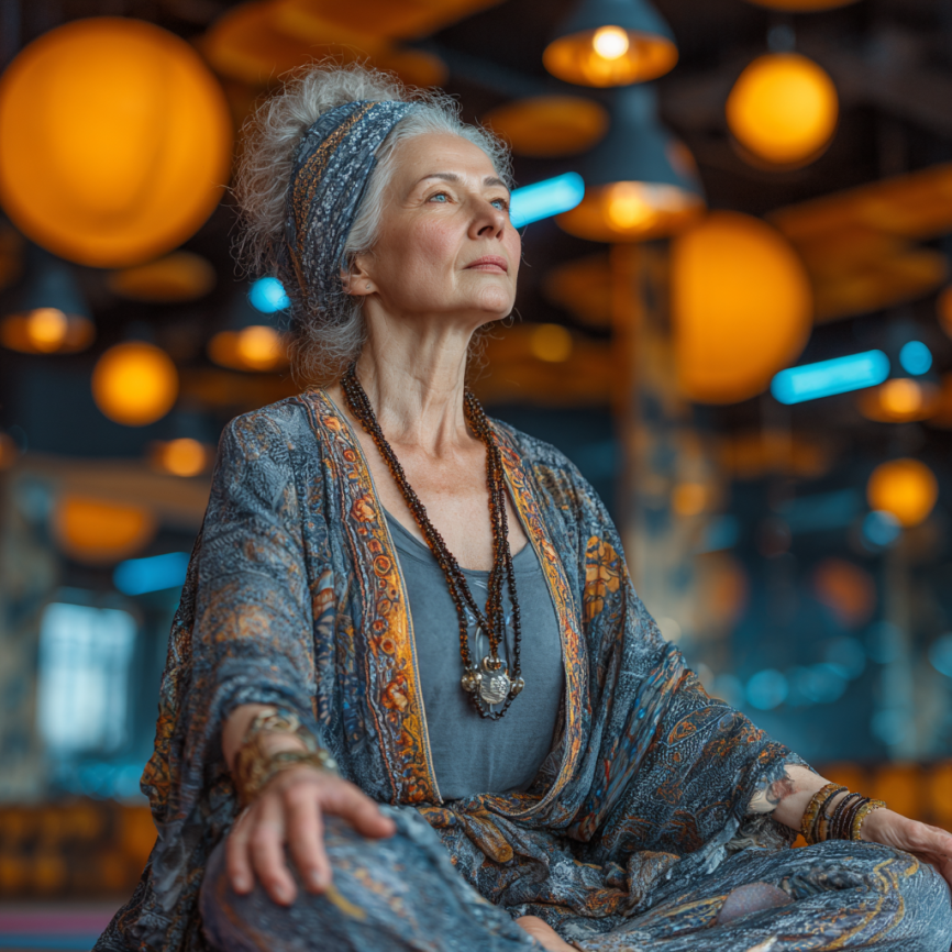 Katta yoshdagi ayol yoga bilan mashg'ul